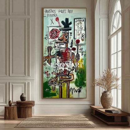 Basquiat Inspired Green Abstract Graffiti Art Large Vertical Canvas