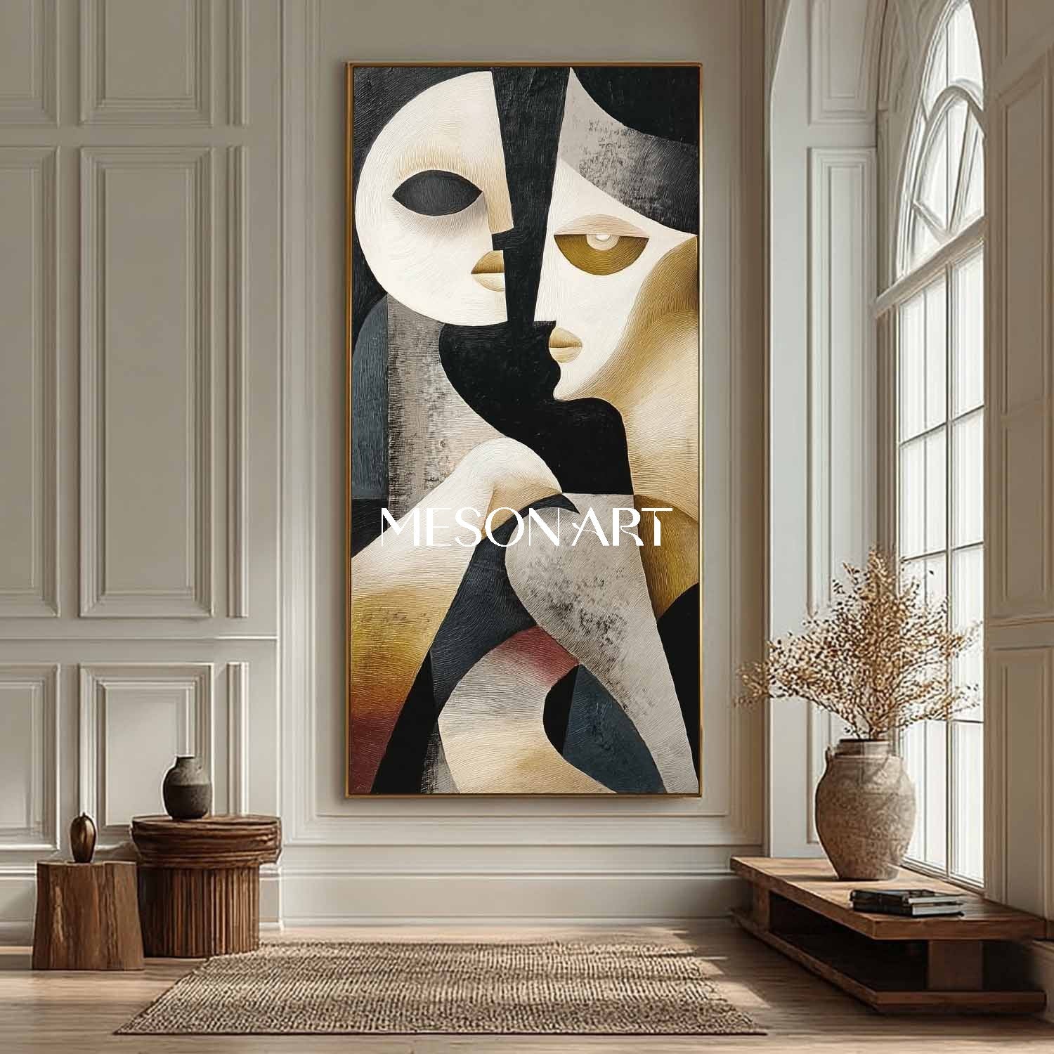 Black Vertical Abstract Cubist Textured Painting Canvas Living Room