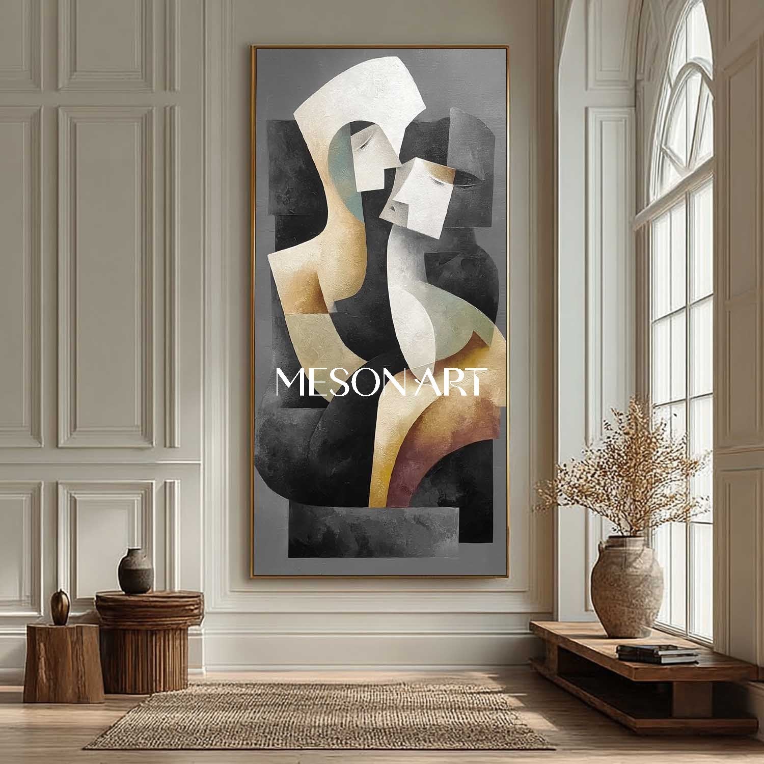 Modern Abstract Textured Canvas Black Couple Neutral Palette Artwork
