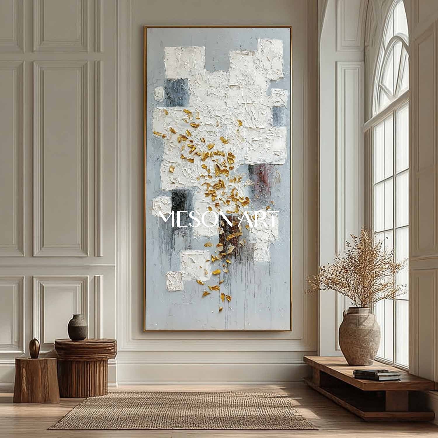Vertical Abstract Painting White Blocks with Gold Textured Wall Art