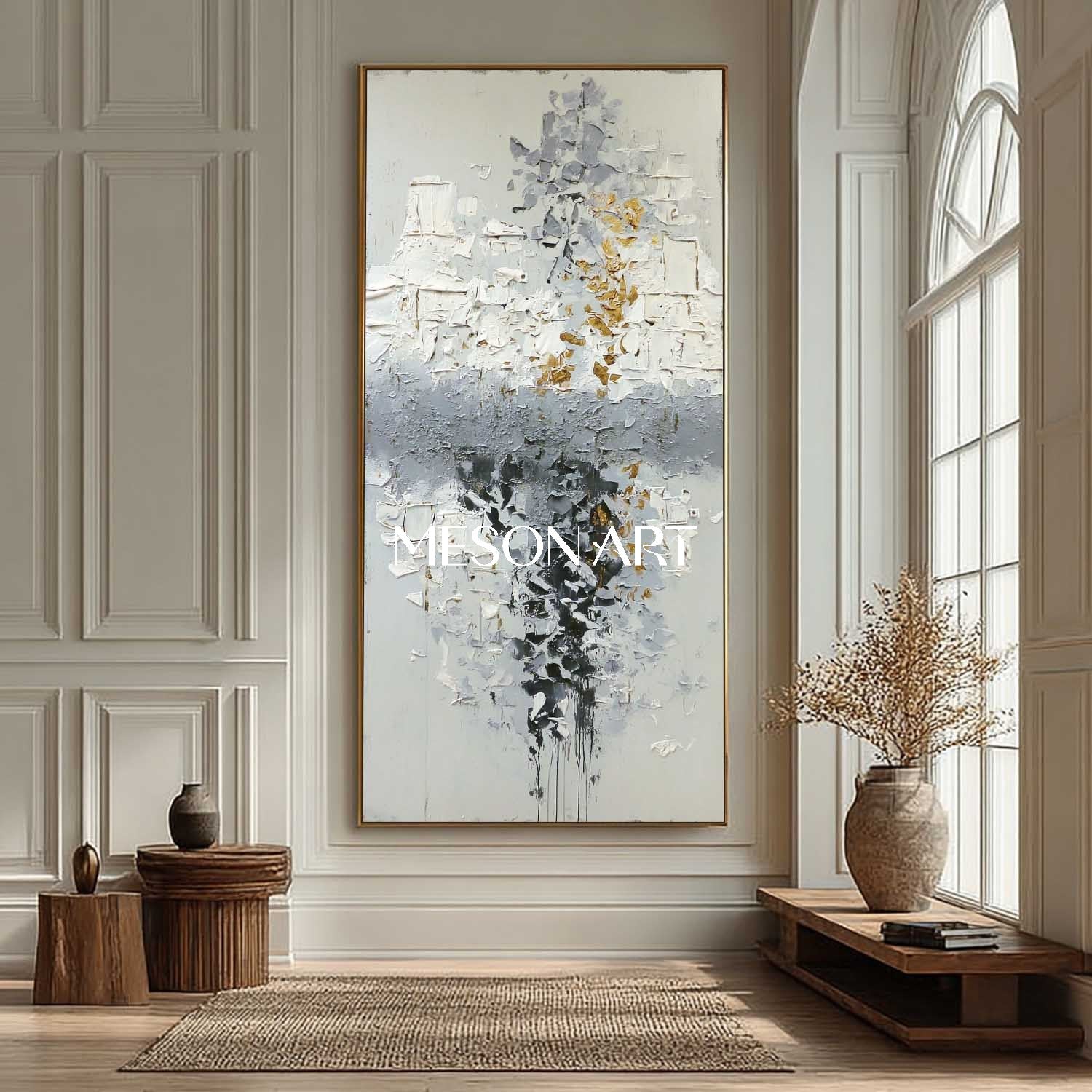 Vertical Abstract Painting Grey White Gold Textured Canvas Wall Decor