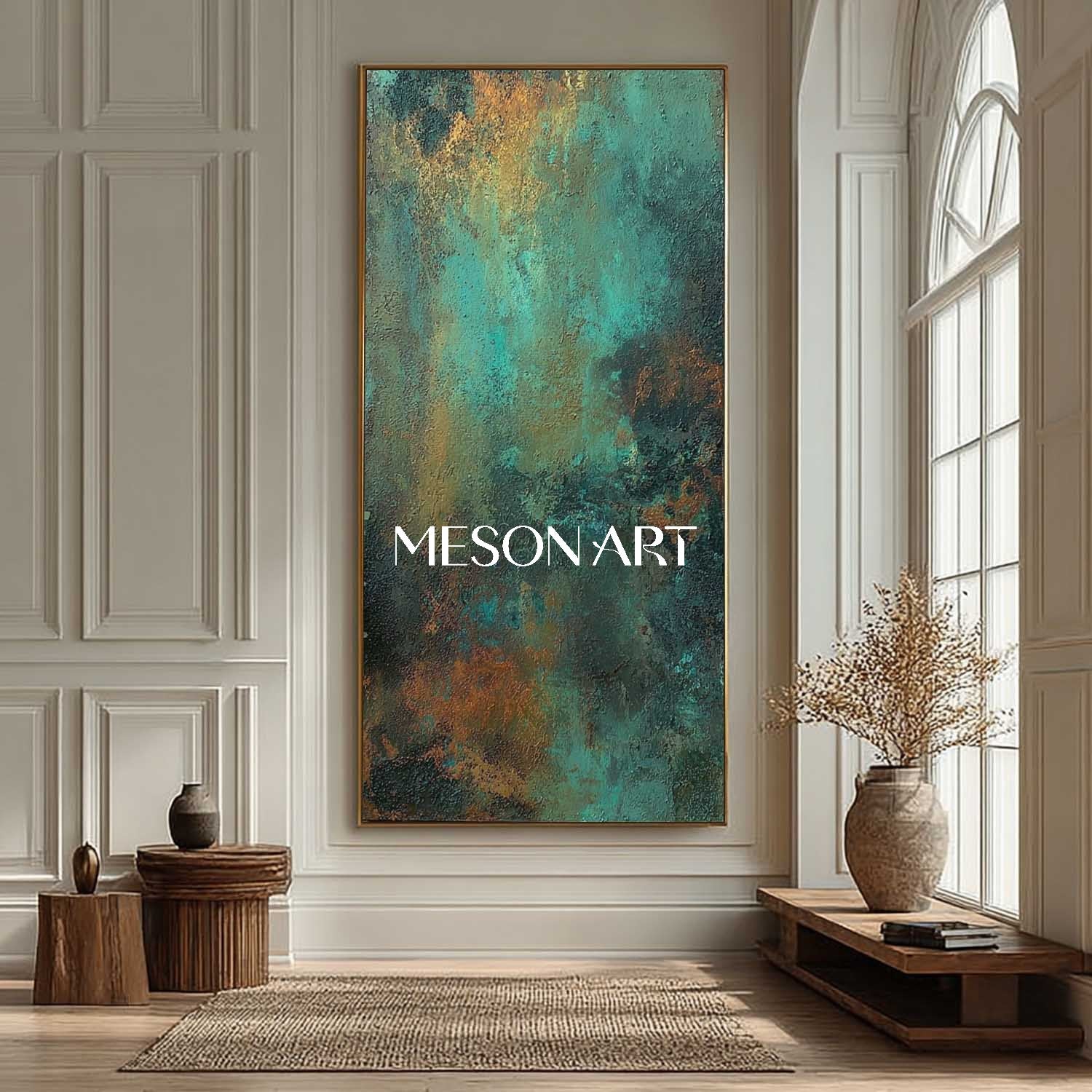 Large Green and Bronze Abstract Art for  50” x 100” Hallway or Corridor Wall Decoration 