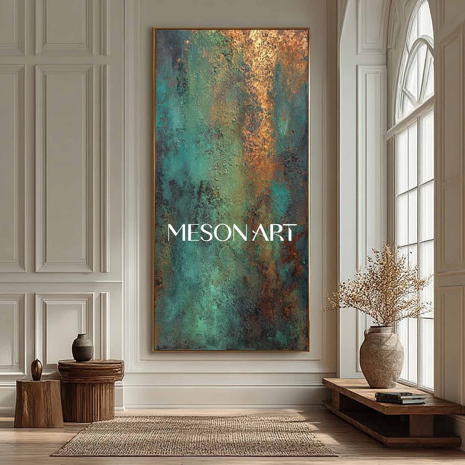Large Green and Bronze Abstract Art Canvas On Sale Entryway Wall Decor
