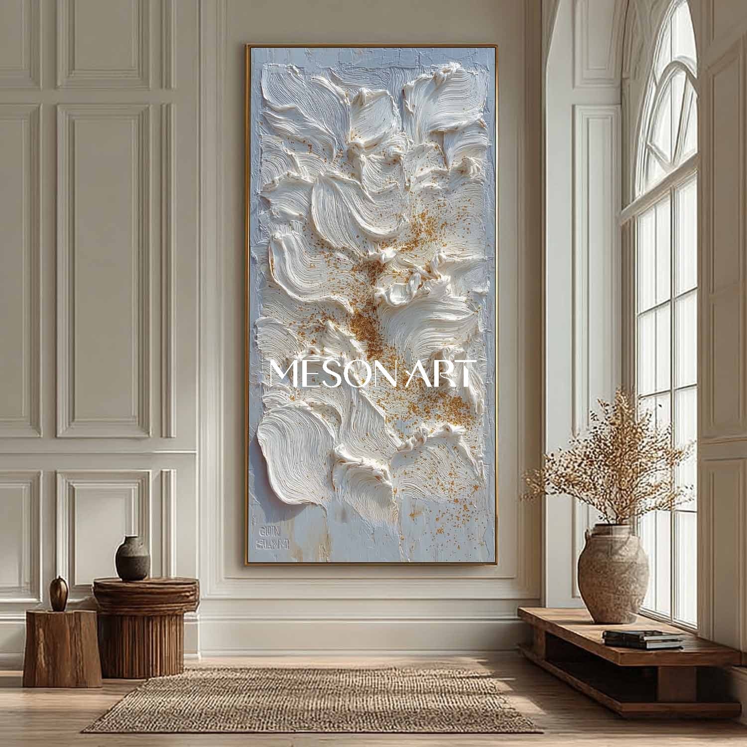 Vertical Abstract Painting White Petals Gold Textured Impasto Wall Art