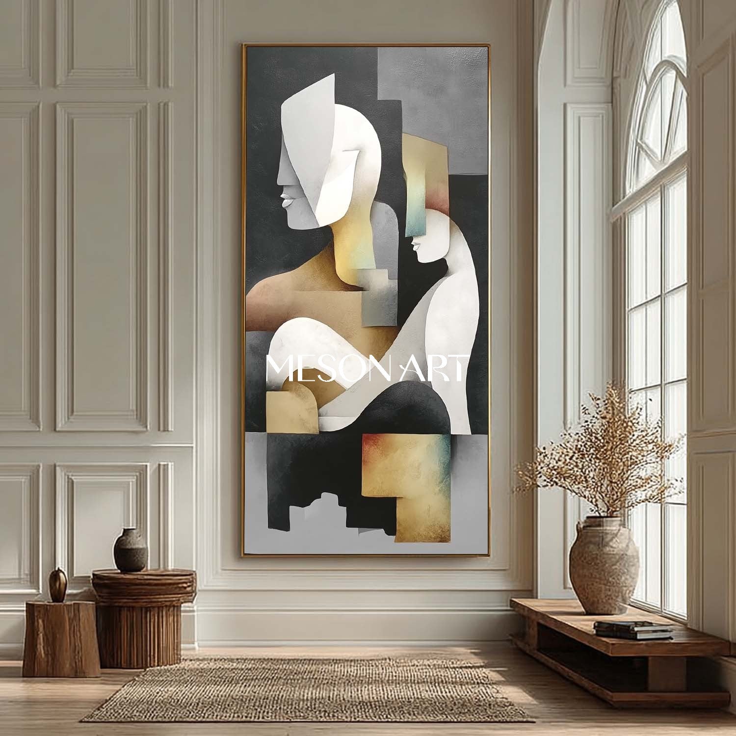 Black Vertical Modern Cubist Geometric Oil Painting Wall Art Entryway