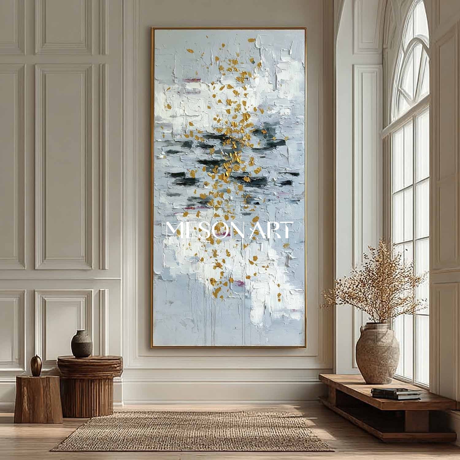 Vertical Abstract Wall Art Blue Gold Accents Large Textured Painting