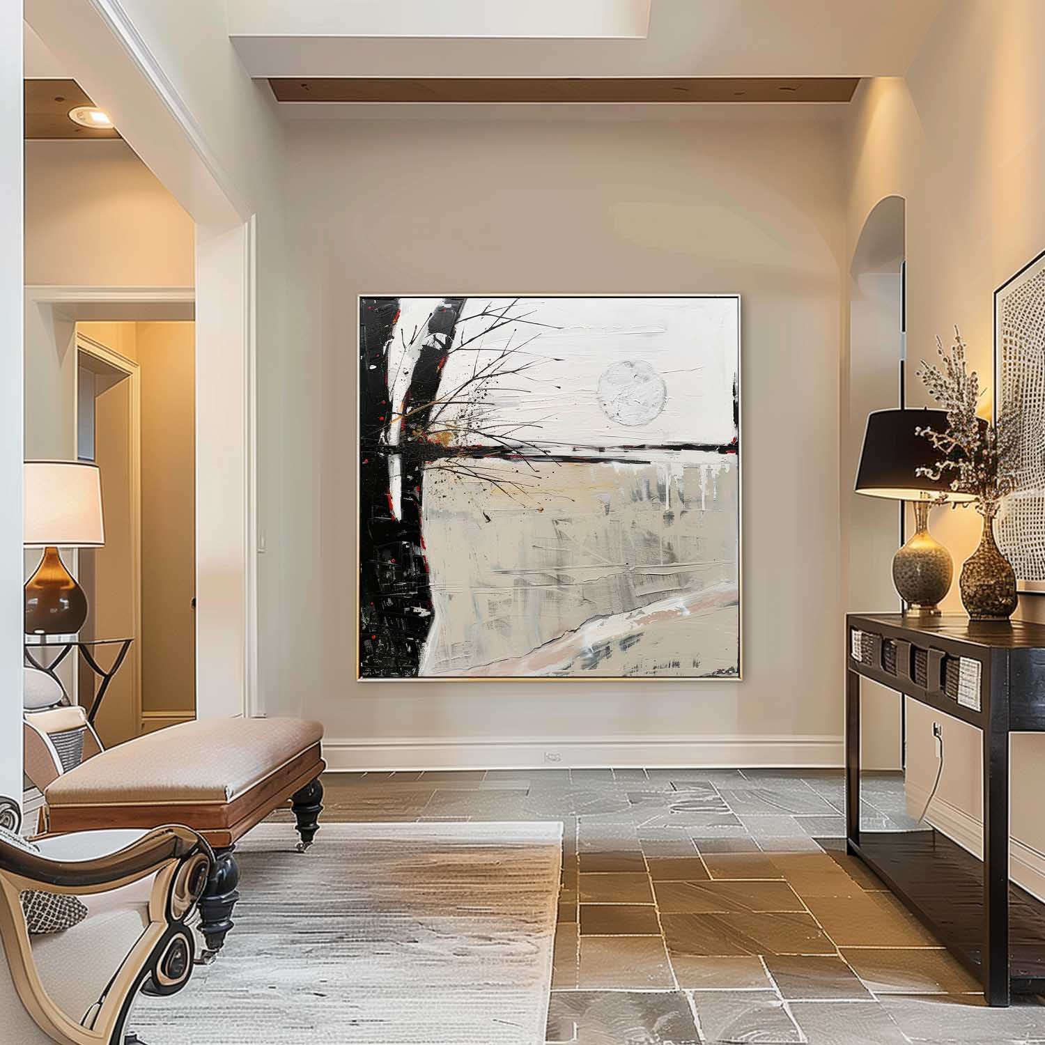Wabi-Sabi Wall Art Gray and White Abstract Art Gray and White Landscape Canvas Oil Painting