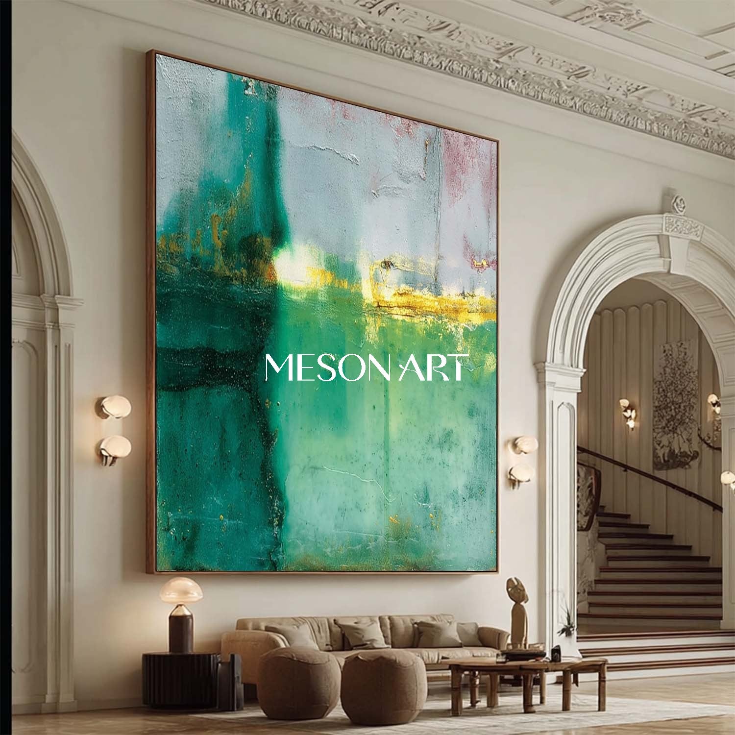 Green and Gold Abstract Art 55*55 Light Green Fireplace Wall Painting