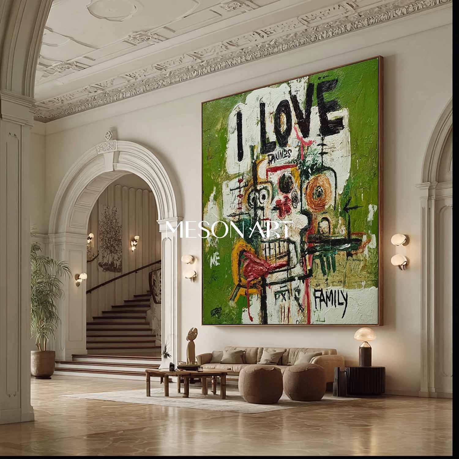 Basquiat Style Abstract Portrait Painting Modern Green Canvas Wall Art