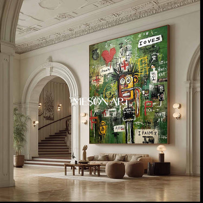 Abstract Graffiti Basquiat Style Green Expressionist Painting Wall Art