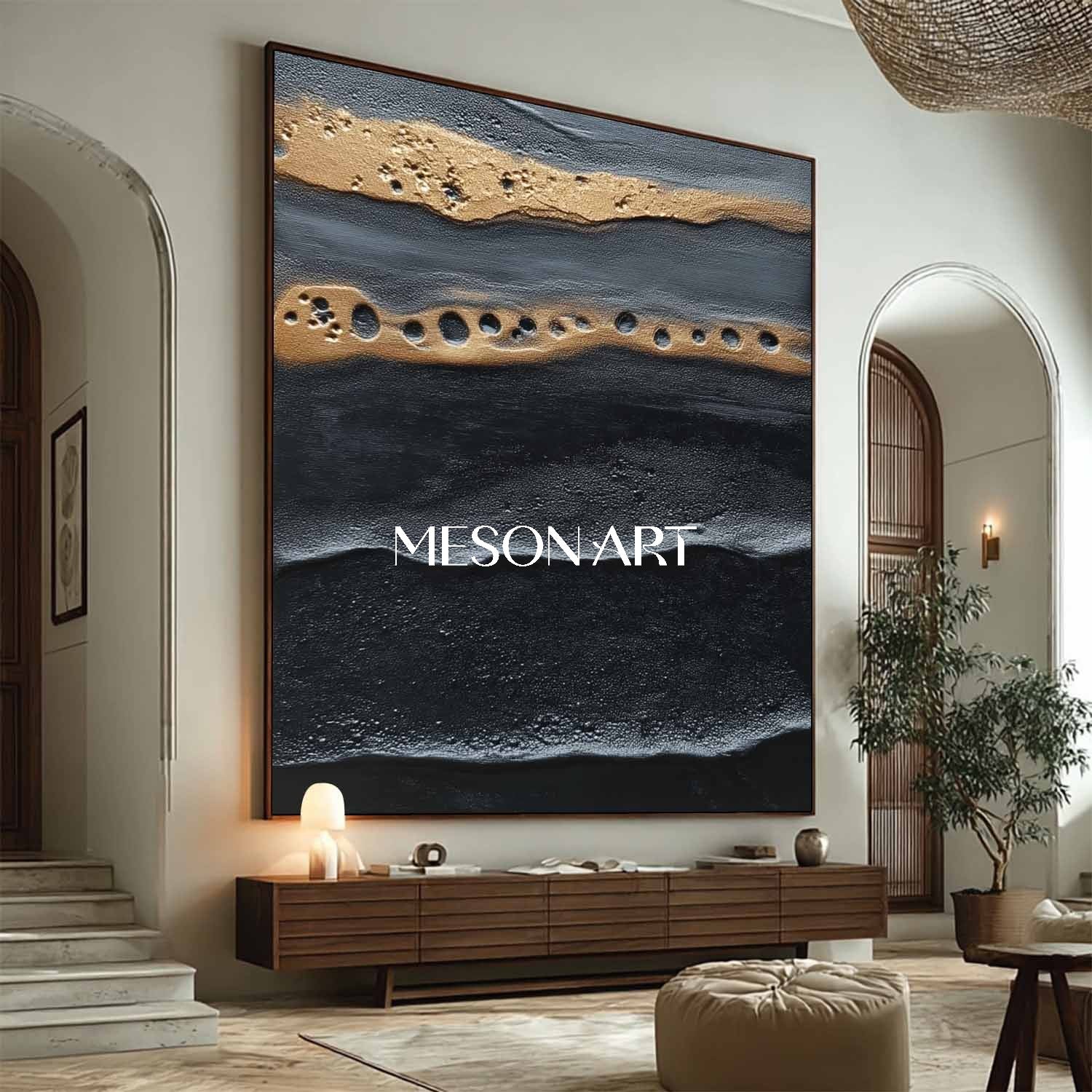 ダイニングルームのためのエレガントな抽象絵画金と黒のテクスチャを