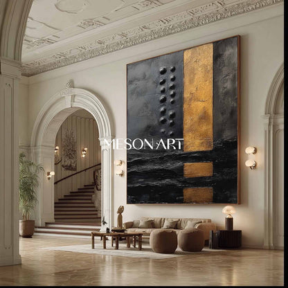 Large Black and Gold Abstract Textured Oil Painting for Living Room