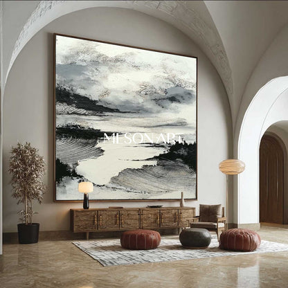 Square Minimalist Abstract Canvas Handmade White Black Wall Art Decor