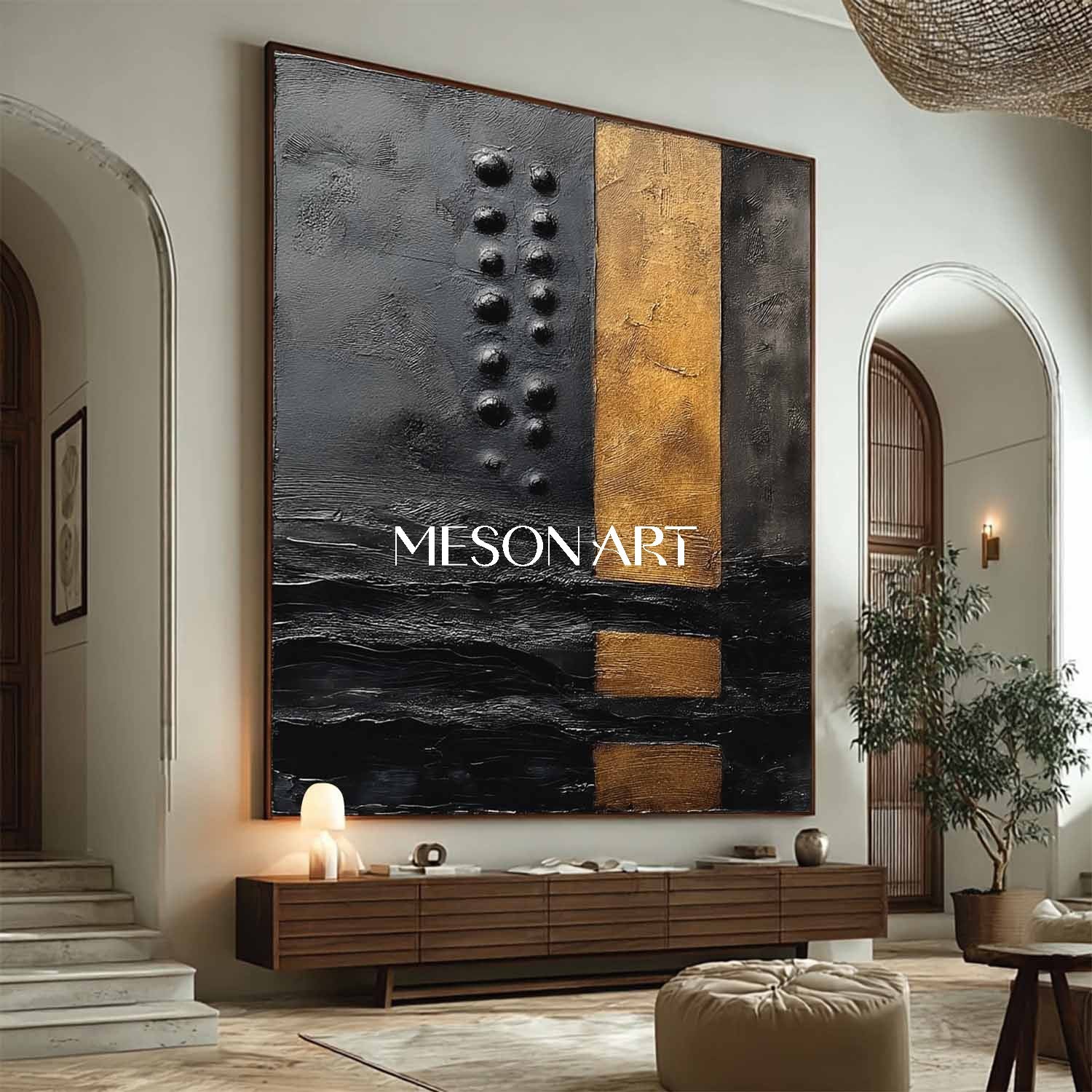 Large Black and Gold Abstract Textured Oil Painting for Living Room