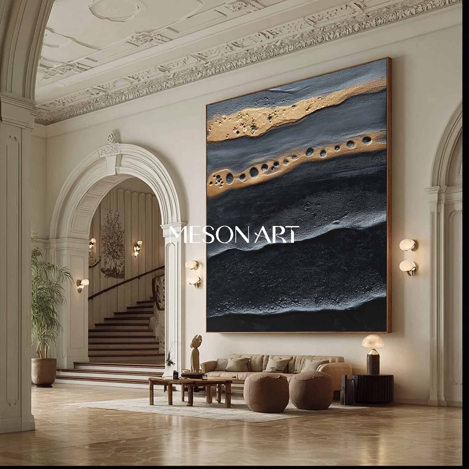 Order Elegant Abstract Painting Gold and Black Texture for Dining Room