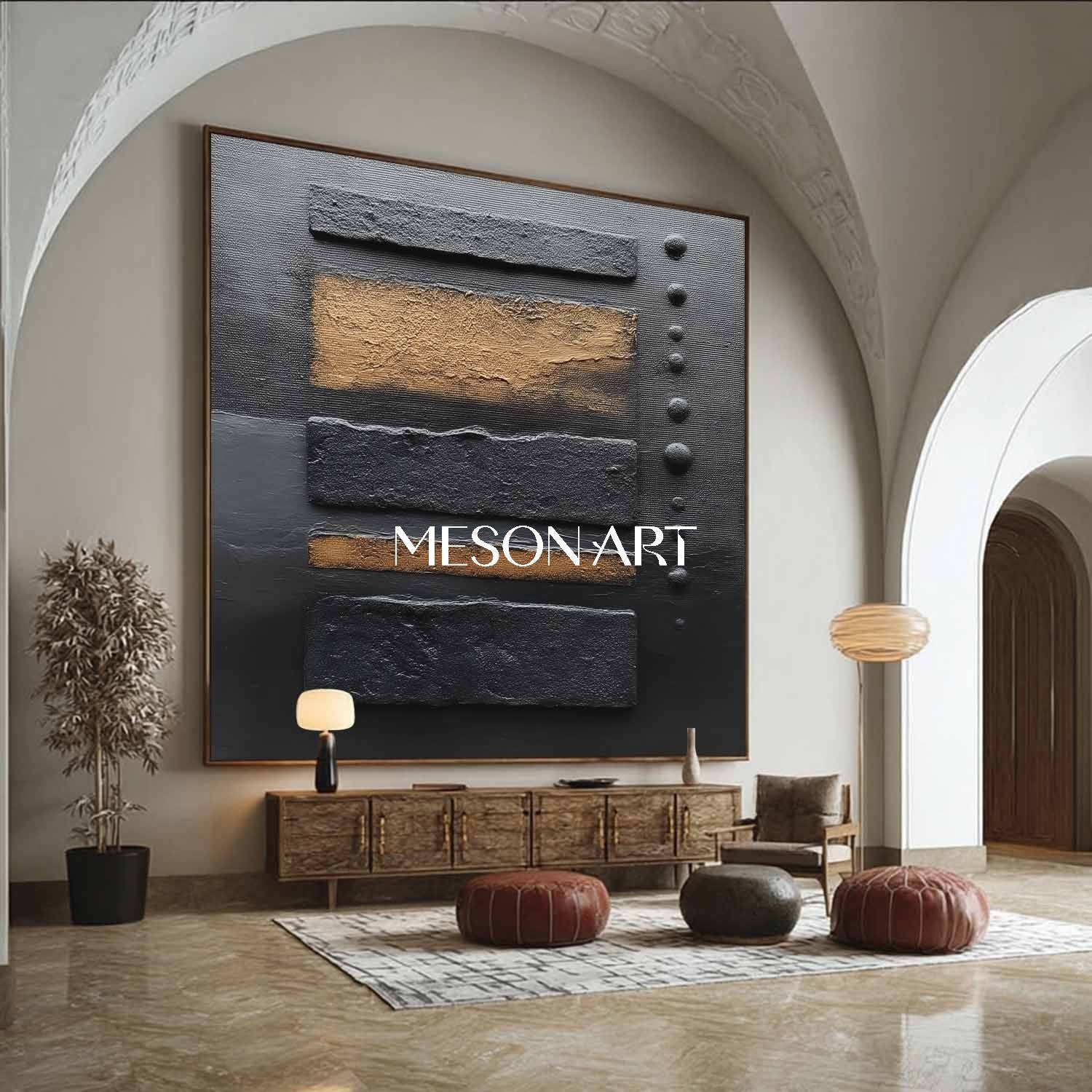 黒と金のテクスチャ抽象絵画をベッドルーム用に額装オーダー – MesonArt