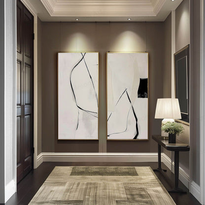 Large Black and White Minimalist Texture Painting Set of 2 Black and White Minimalist Canvas Wall Art for Sale