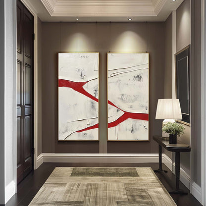 Large Red and White Textured Abstract Art Set of 2 for Sale Red and White Minimalist Textured Canvas Wall Art Decor