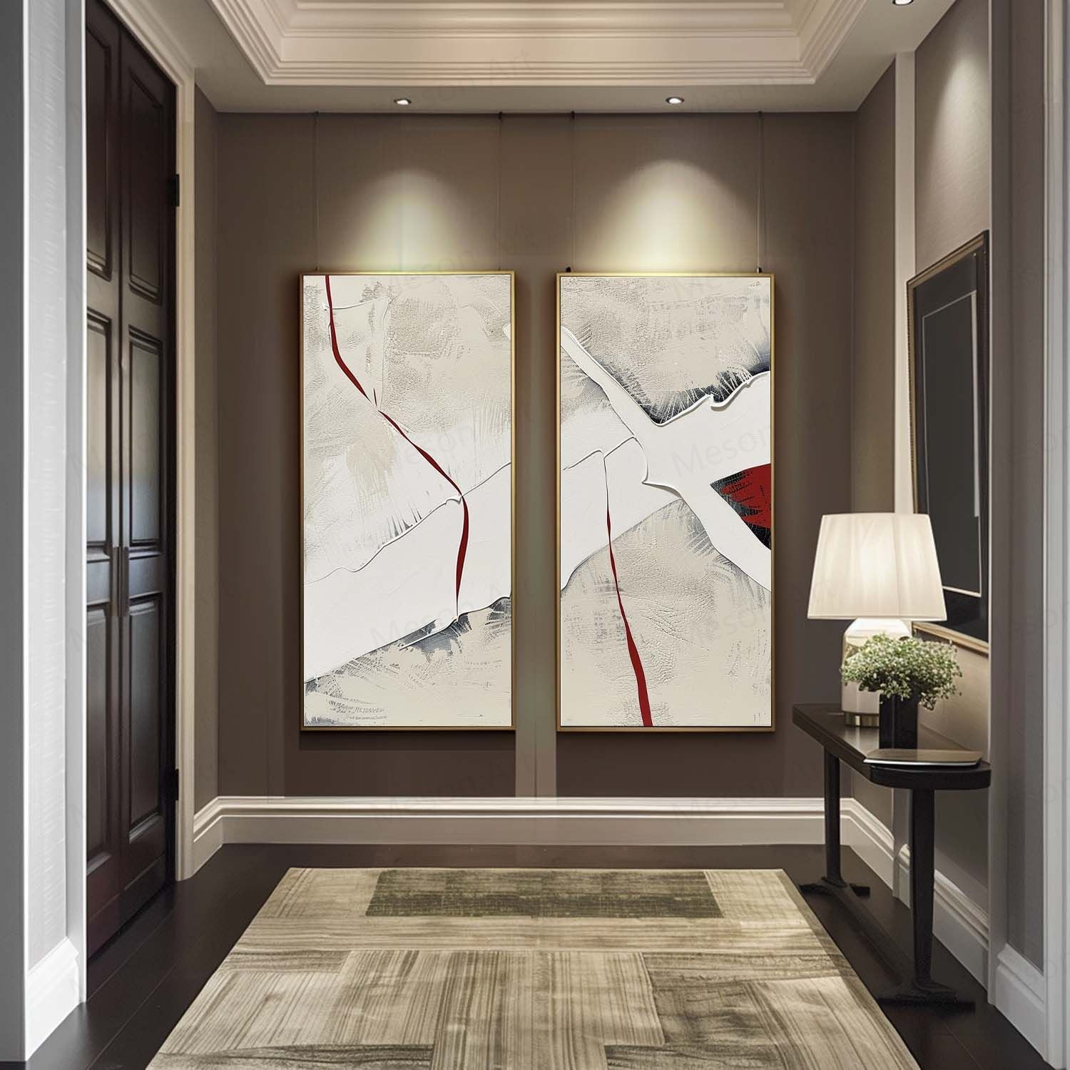 Large Red and White Minimalist Textured Art Set of 2 for Sale Red and White Plaster Textured Canvas Painting