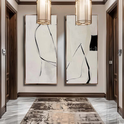 Large Black and White Minimalist Texture Painting Set of 2 Black and White Minimalist Canvas Wall Art for Sale
