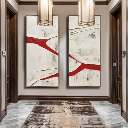 Large Red and White Textured Abstract Art Set of 2 for Sale Red and White Minimalist Textured Canvas Wall Art Decor
