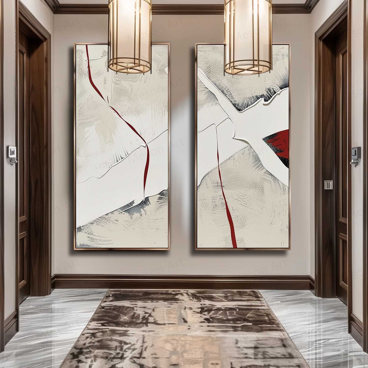Large Red and White Minimalist Textured Art Set of 2 for Sale Red and White Plaster Textured Canvas Painting
