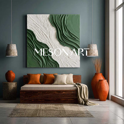 White And Green Living Room Wall Art 3D Green Wave Texture Painting