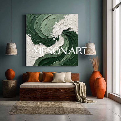 Oversized Crashing Wave Painting | Textured Forest Green Abstract Art