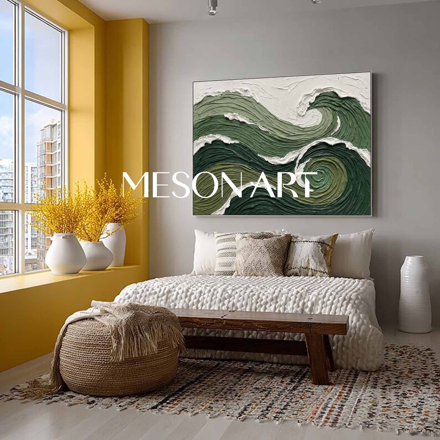 Dark Green Wave Art Horizontal Forest Green Abstract Wave Swirling Ocean Abstract Painting