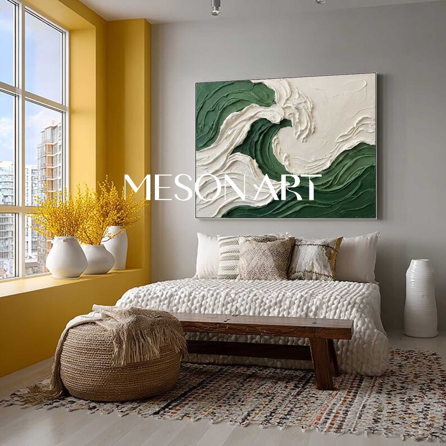 Dark Green Crashing Wave Canvas Large Ocean Abstract Art Moody Coastal Decor