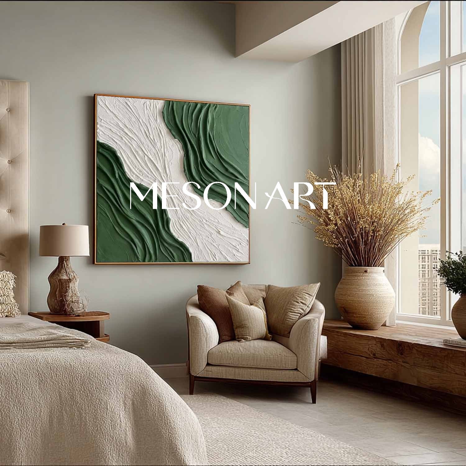 White And Green Living Room Wall Art 3D Green Wave Texture Painting