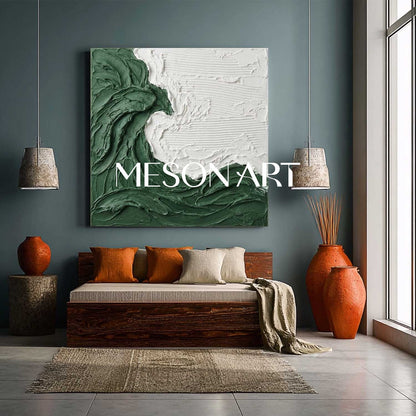 3D Green Wave Texture Painting White And Green Living Room Wall Art