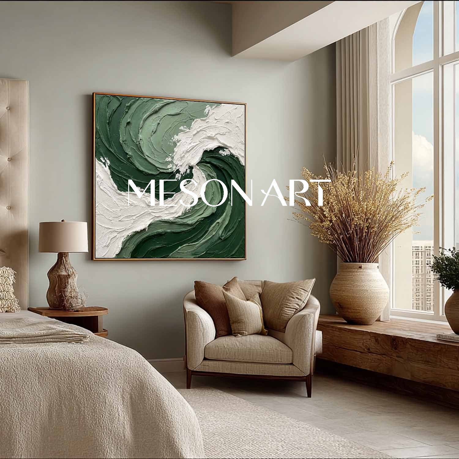 Oversized Crashing Wave Painting | Textured Forest Green Abstract Art