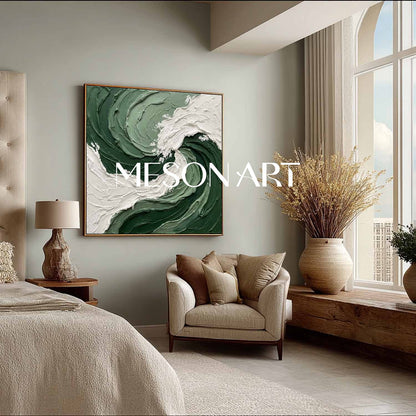 Oversized Crashing Wave Painting | Textured Forest Green Abstract Art