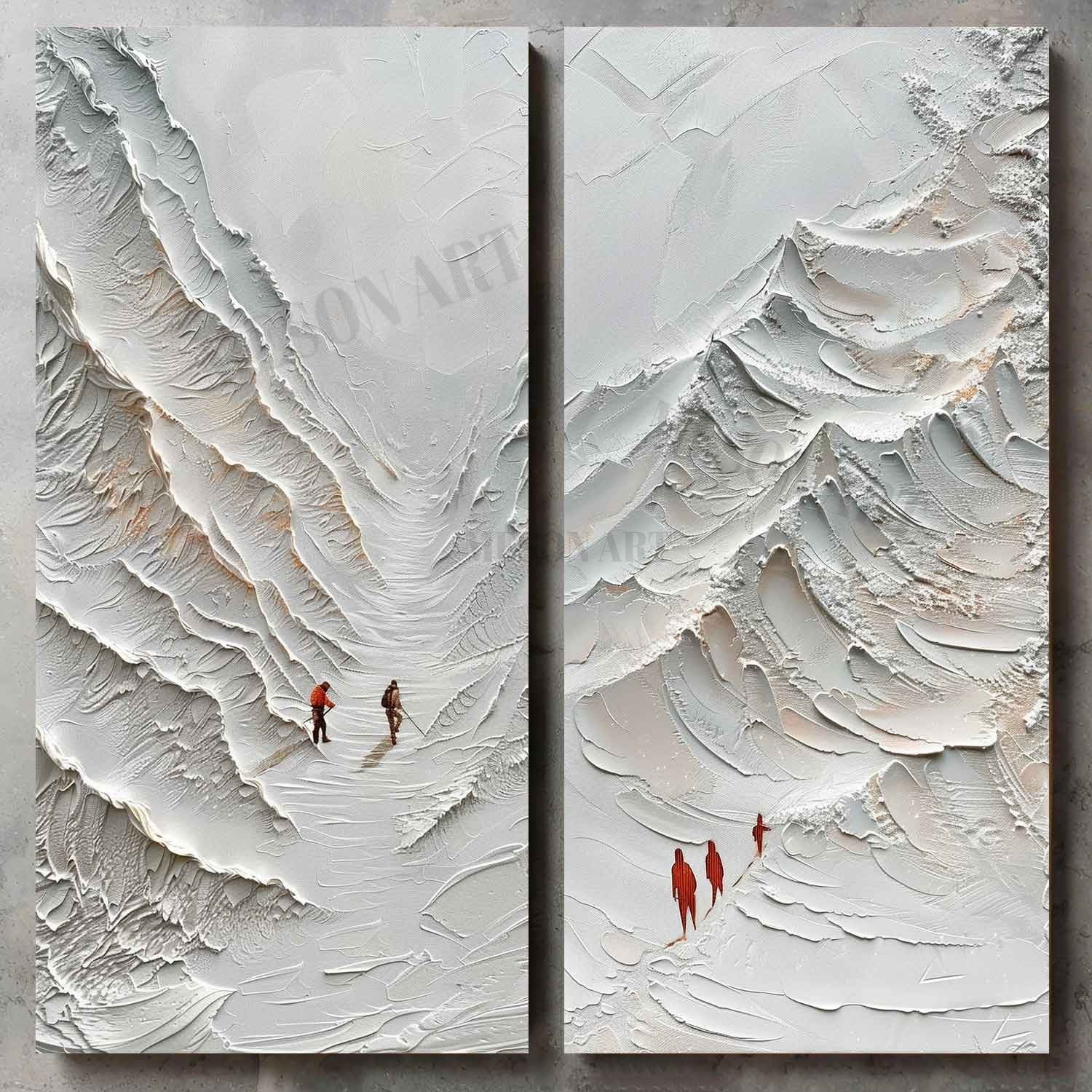Large 3D White Snow Mountain Texture Painting Set of 2 White Mountain Climber Canvas Wall Art