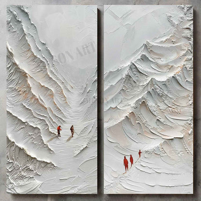 Large 3D White Snow Mountain Texture Painting Set of 2 White Mountain Climber Canvas Wall Art