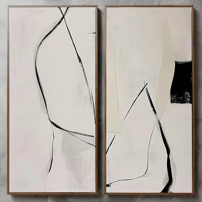 Large Black and White Minimalist Texture Painting Set of 2 Black and White Minimalist Canvas Wall Art for Sale