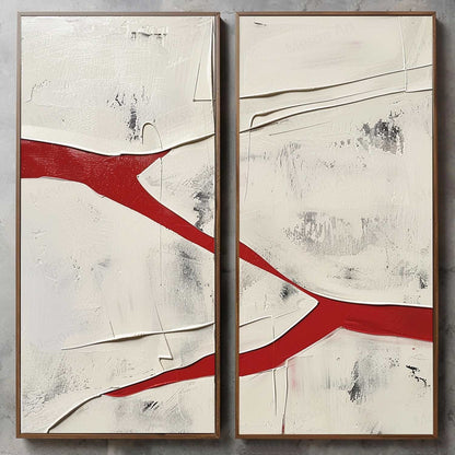Large Red and White Textured Abstract Art Set of 2 for Sale Red and White Minimalist Textured Canvas Wall Art Decor