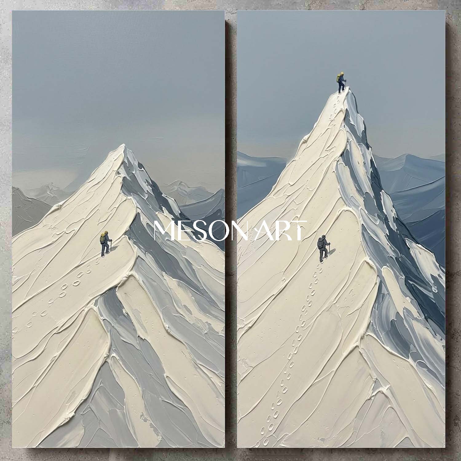 Hand-painted Thick Impasto Mountain Climber Oil Painting Diptych Wall Art | MesonArt