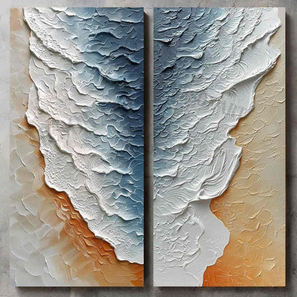 Large 3D White and Blue Ocean Wave Beach Texture Painting Set of 2 Ocean Wave Beach Canvas Wall Art