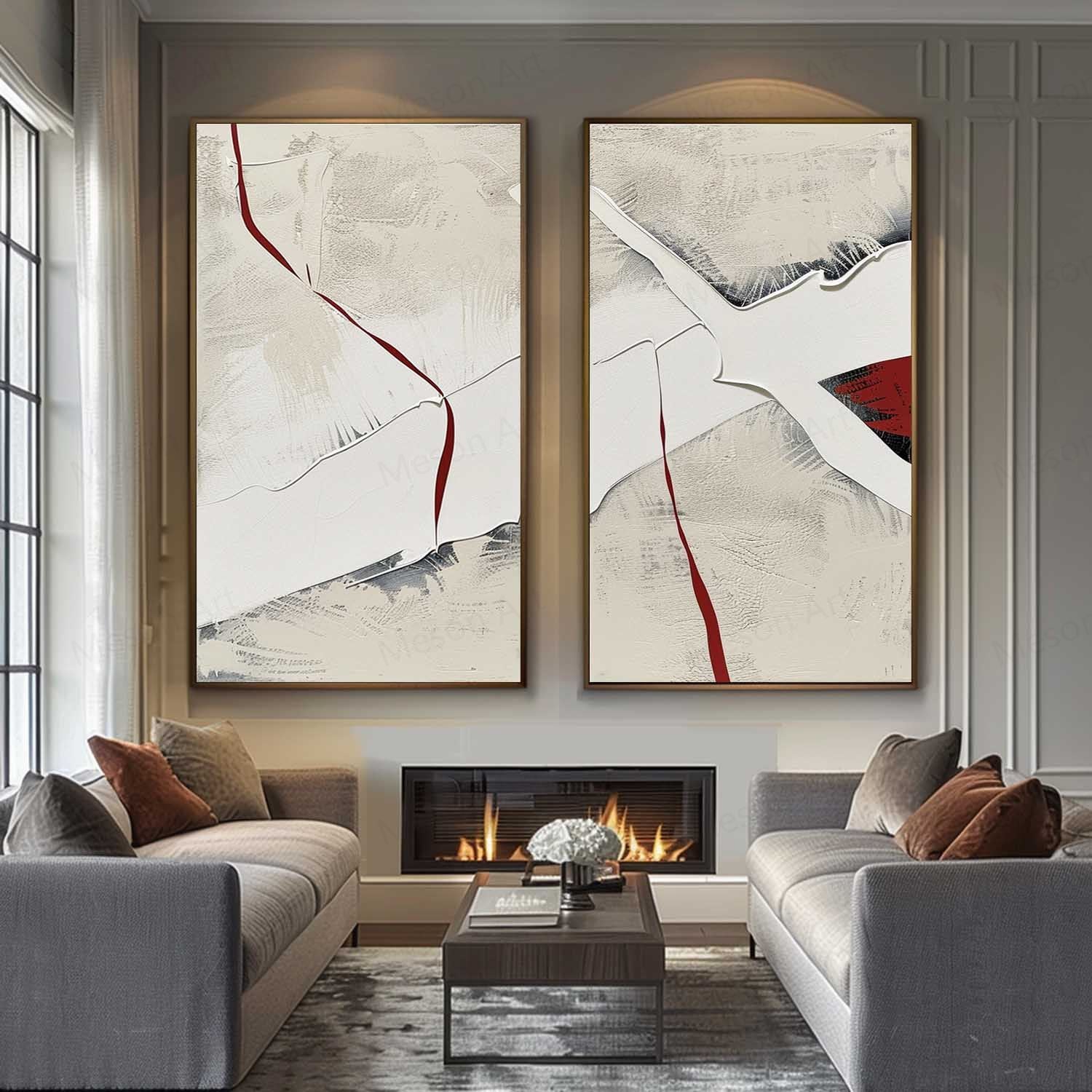 Large Red and White Minimalist Textured Art Set of 2 for Sale Red and White Plaster Textured Canvas Painting