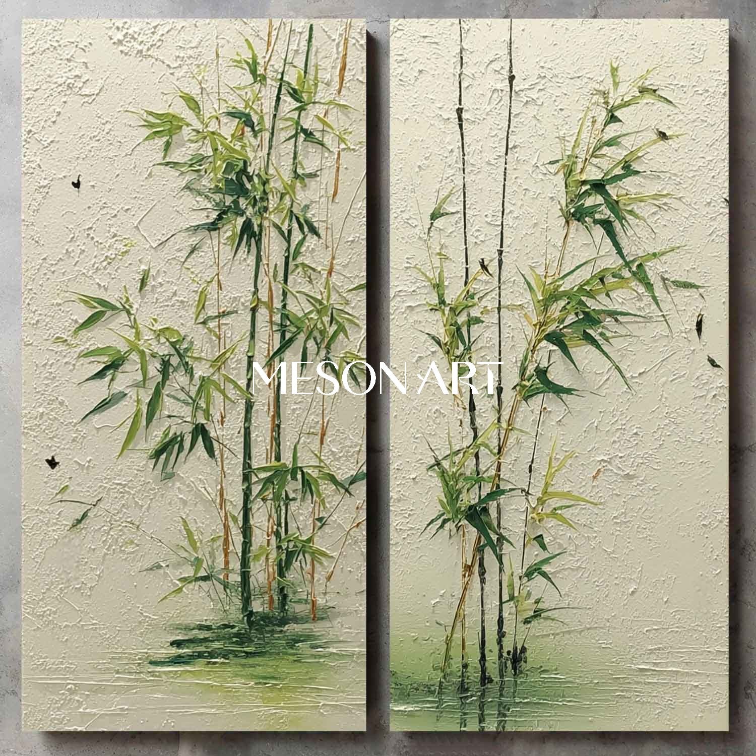 Large 2-piece Minimal Bamboo Forest Painting for Calm Entryways | Mesonart Future Earth Collection