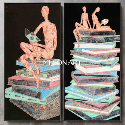 Large 2-piece set of book abstract wall paintings for sale Study room abstract canvas art
