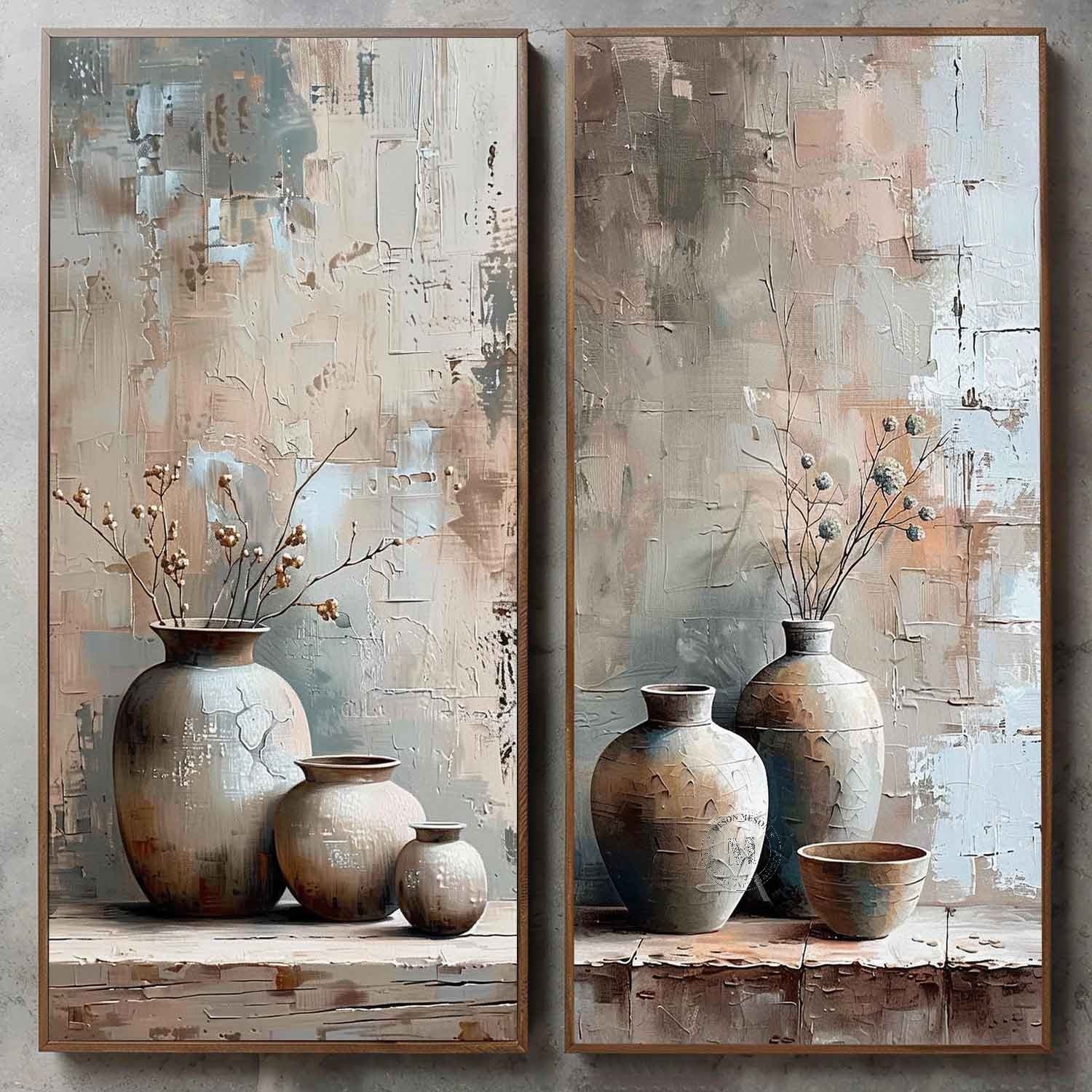 Set of 2 Large Clay Jar Vase Canvas Art for Sale Clay Jar Vase Artwork Clay Jar Still Life Painting