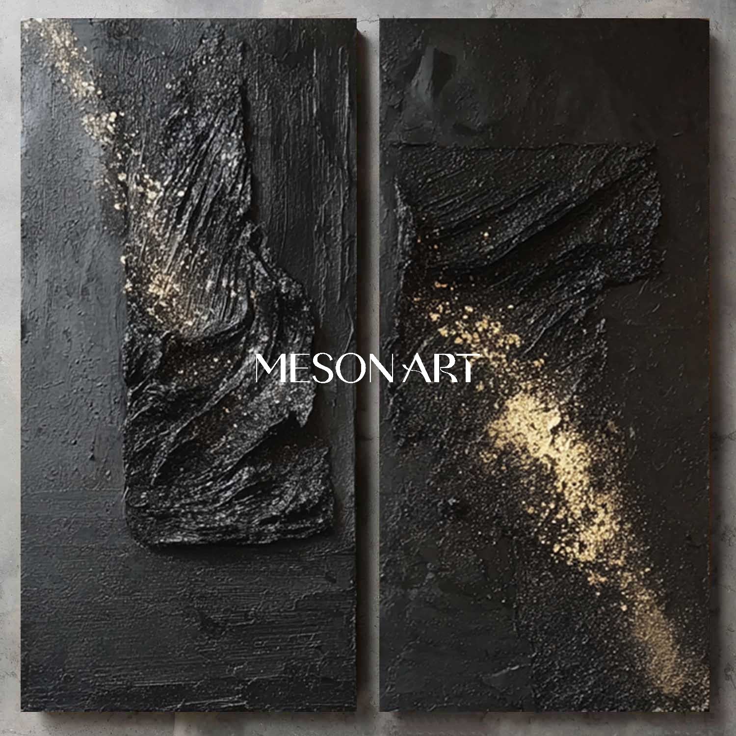 Large 3D Black and Gold Abstract Art Set of 2 for Sale Modern Fireplace Wall Art Decor