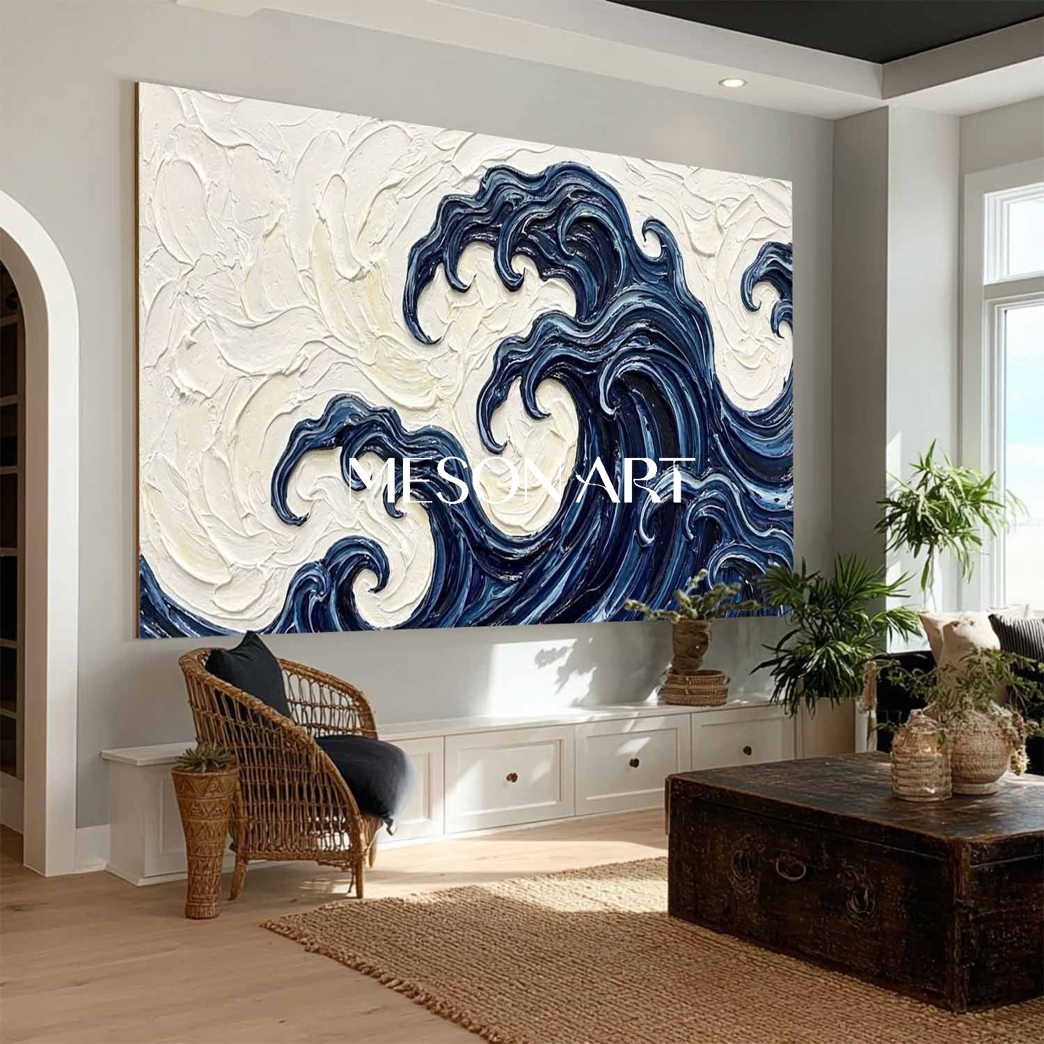 Large 3D Textured Great Wave Oil Painting On Canvas | Abstract Blue Ocean Impasto Wall Art | Handmade Hokusai Style Plaster Coastal Decor For Living Room | MesonArt