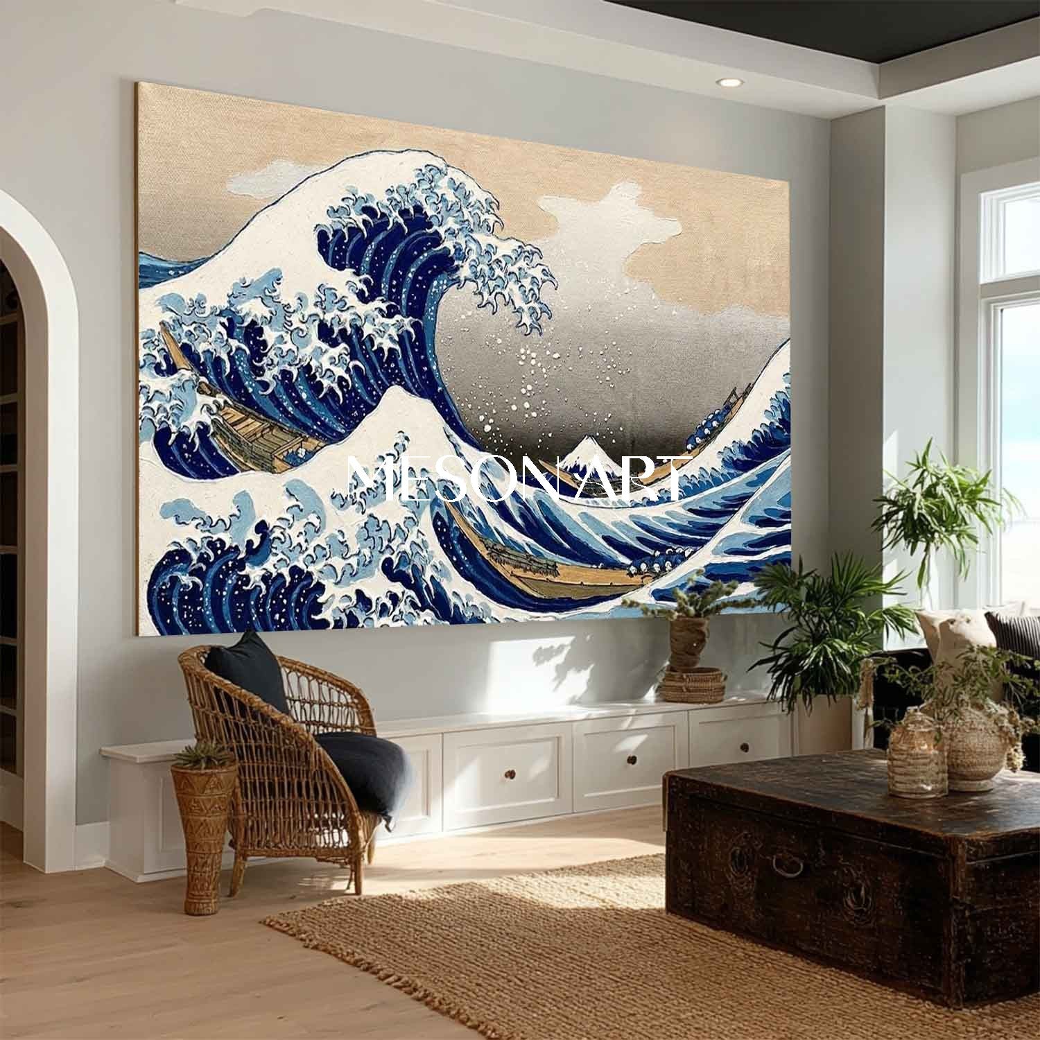 MesonArt 3D Textured Great Wave Oil Painting | Hokusai Reproduction Canvas Wall Art | Gold Framed Japandi Decor