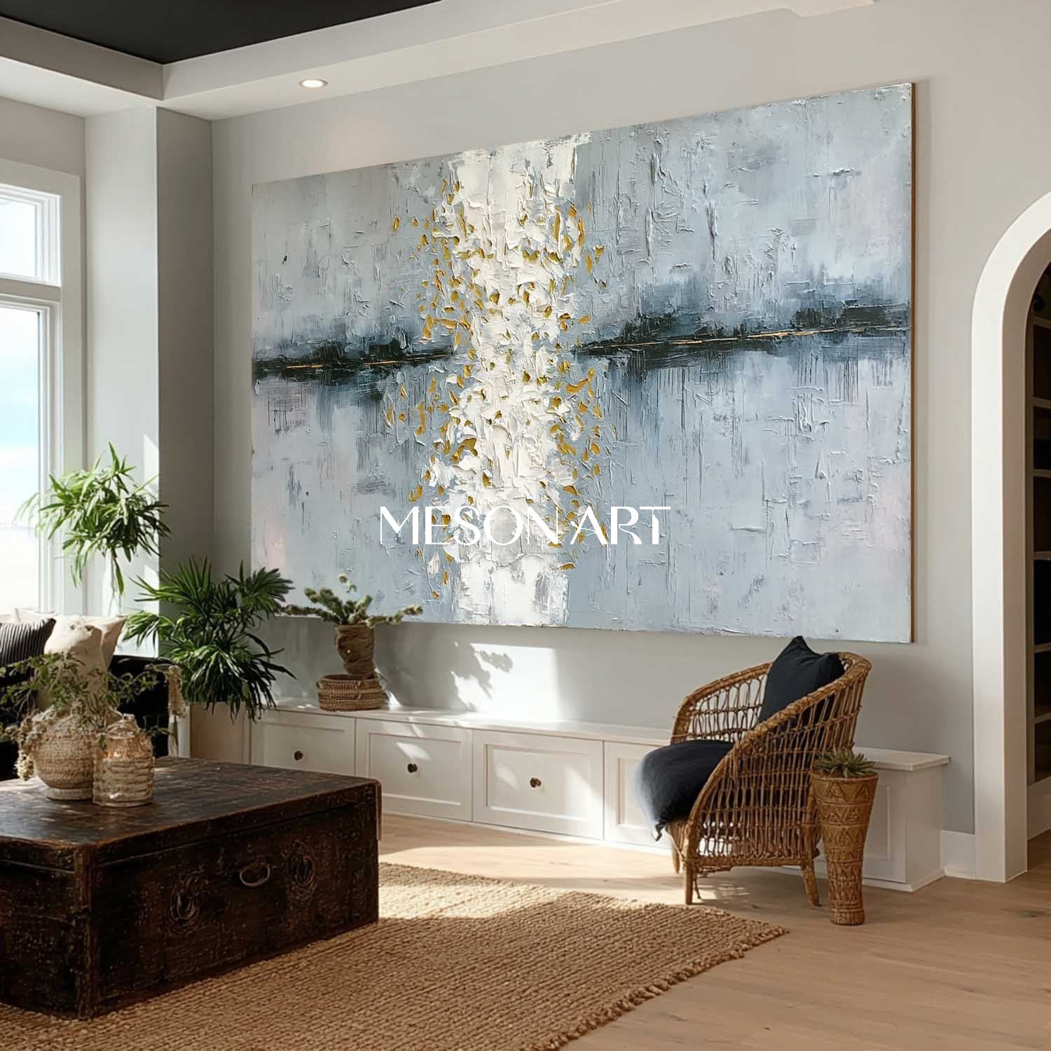 Panoramic Textured Abstract Art White Gold Texture on Grey Blue Canvas