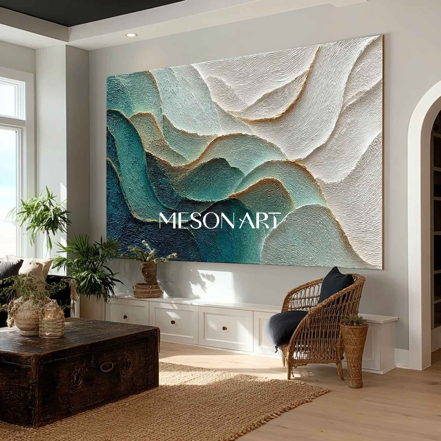 Extra Large 3D White and Green Living Room Plaster Abstract Texture Canvas Wall Art