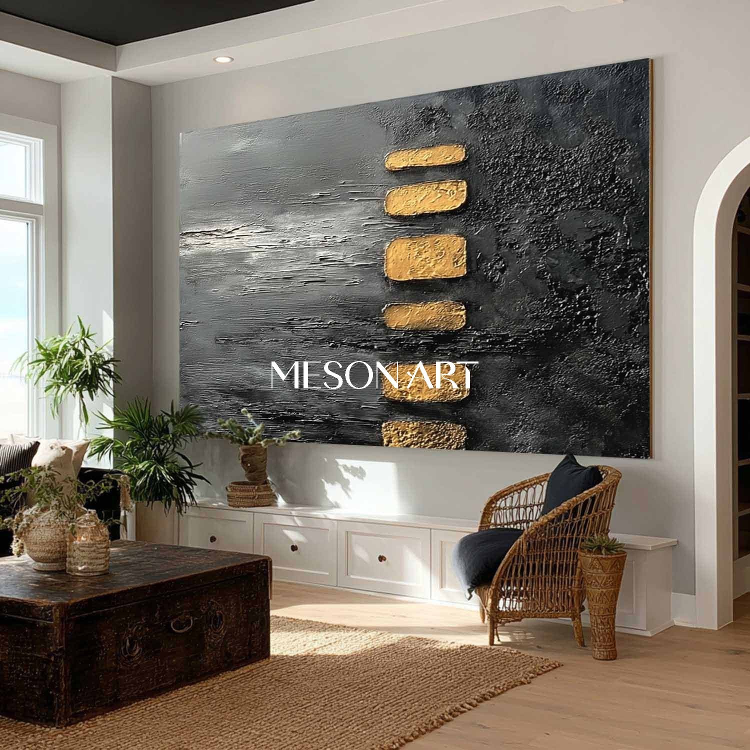 Modern Abstract Gold and Black Wabi-Sabi Painting for Luxury Spaces